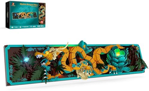 JMBricklayer Mythic Dragon Tiles Building Block Sets with LED Lights for Adults 70020, Wall Art Crafts Frame Building Sets, Home & Office Decor, Dragon Kits with Flowers, Creative Gifts for Men Women