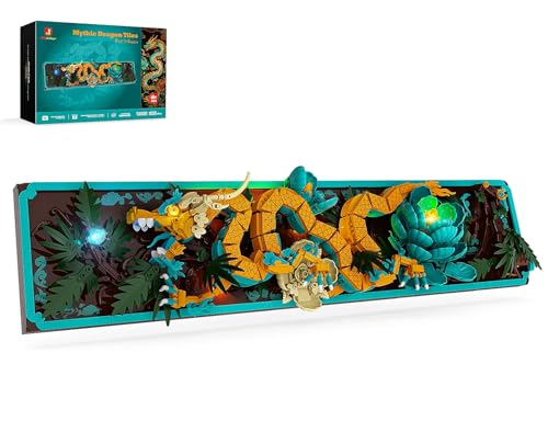 JMBricklayer Mythische Drachen Fliesen Bauspielzeug mit Lichtern 70020 3D Art Zuhause Büro Wanddeko Tisch Deko Bauset Dragon Blume Wandkunst Klemmbausteine Geschenk für Erwachsene