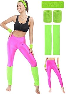 80s Neon Leggings Party Retro Jogging Sports Headband Wristbands Leg Warmers (Color 2)