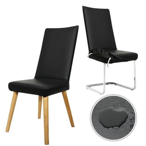 LUKDUNG Stuhlhussen PU Leder Set, Stuhlbezug wasserdichte und Elastische, Universell Esszimmer Stuhlüberzug Stretch, Stuhlbezüge für Küche, Hotel, Restaurant, Hochzeit (Schwarz, 2 Stück)