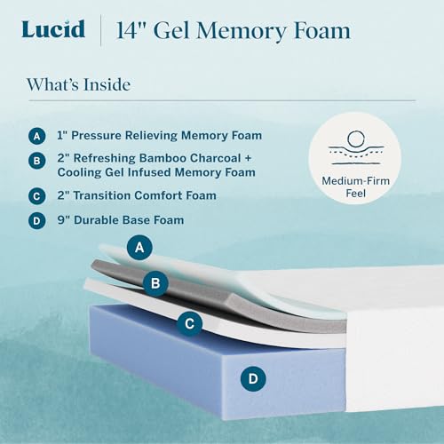Image of Lucid 14 inch Medium Firm Gel Memory Foam Mattress - Bamboo Charcoal & Cooling Gel - Fiberglass Free - Bed in a Box - CertiPUR-US Certified - Queen Size