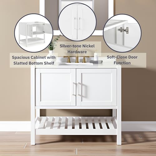 Image of Alaterre Furniture Bennet Bathroom Vanity Cabinet with Soft-Close Shaker Doors and Open Shelf - 36-Inch Freestanding Wood Vanity Without Sink - Single Sink Base (White)