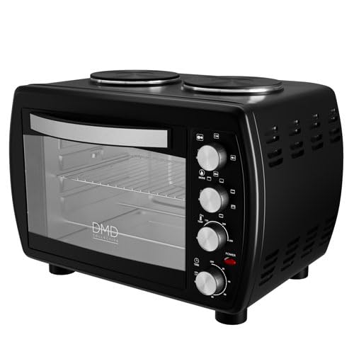 DMD® | 35L Mini Oven with Dual Hot Plates, Electric Countertop Cooker, 100-250°C Temperature Control, 120min Timer, Wire Rack and Baking Tray, Energy-Efficient
