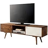 FineBuy TV Lowboard 140 cm Massiv-Holz Sheesham Landhaus 2 Türen & Fach | HiFi Regal braun/weiß 4 Füße | Fernseher Kommode Vintage