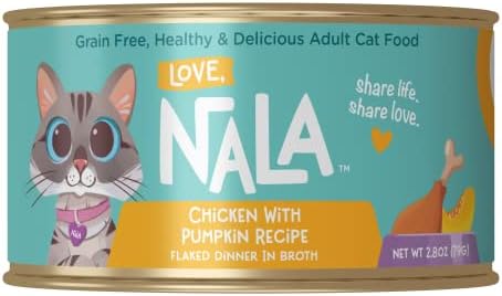 LOVE, NALA Wet Cat Food, Chicken with Pumpkin Flaked Recipe - Grain Free Wet Cat Food in Broth, Natural Cat Pate Wet Food, Adult Cat Food Wet - 12 Pack of Flaked