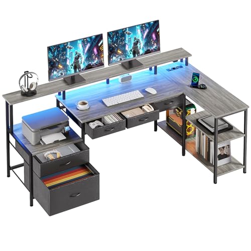 Bureau d'ordinateur en L Seventable gris avec ports USB intégrés