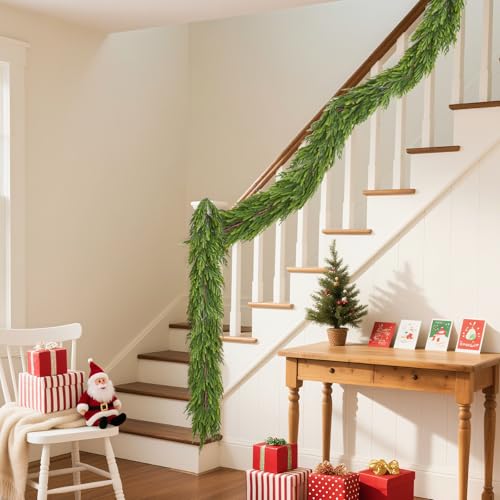 GarveeHome 9 Ft Realistic Christmas Garland, Real Touch Norfolk Pine Garland for Mantle, Dense Artificial Greenery Garland Decorations for Fireplace Stairs Railing Dining Table Indoor Outdoor, 1 Pcs