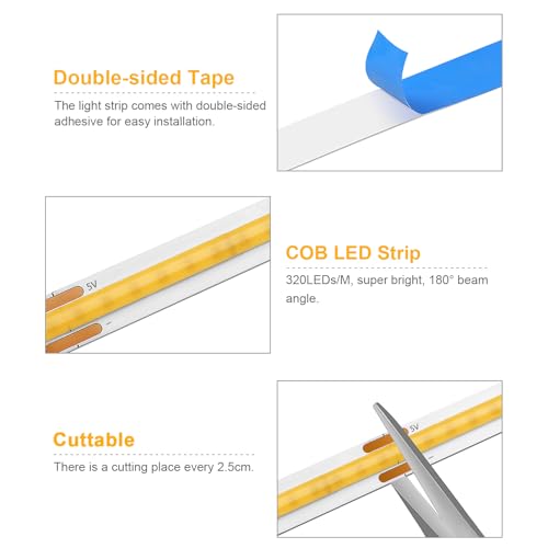 LRGBST DC5V USB Dimmable COB LED Streifen, 2M Warmweiß COB LED Strip Light with Remote control Dimmer For Innen Küche Bedroom Wohnzimmer Beleuchtung