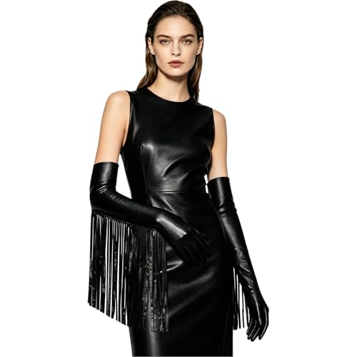 Hularka Women Faux Leather Long Tassel Gloves Evening Party Fashion Costumes for Disco Cosplay Lolita Black One Size
