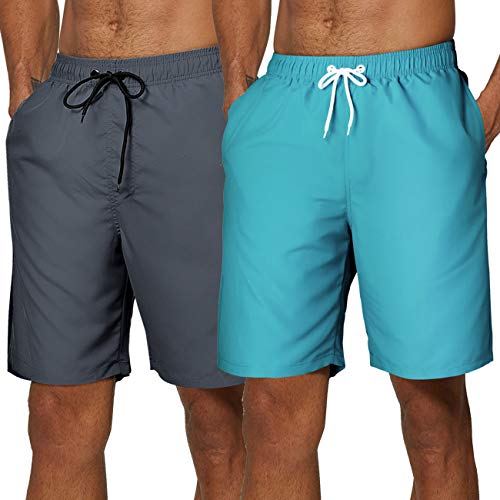 SILKWORLD Men's 2 Pack Swim Shorts Quick Dry Sports Trunks Beach Shorts Classic Length with Mesh Lining, Sky Blue, Grey(Pack of 2), Large