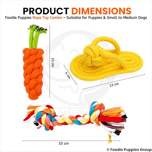 Foodie Puppies 3-in-1 Cotton Rope Chew Toy Combo for Small Dogs & Puppies | Durable, Safe Braided Rope Toys for Teething, Playing, Fetching & Training (2Knot, Carrot and Slipper) (Color May Vary)