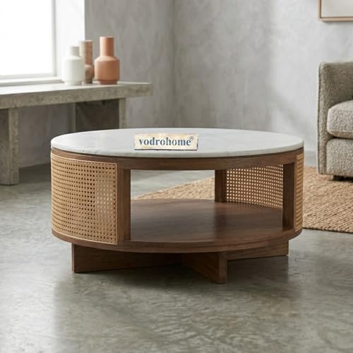 Image of Cane Solid Wood Coffee Table with Marble top- Rattan Round Centre Table with Storage - Ideal Tea Table for Living Rooms C#040