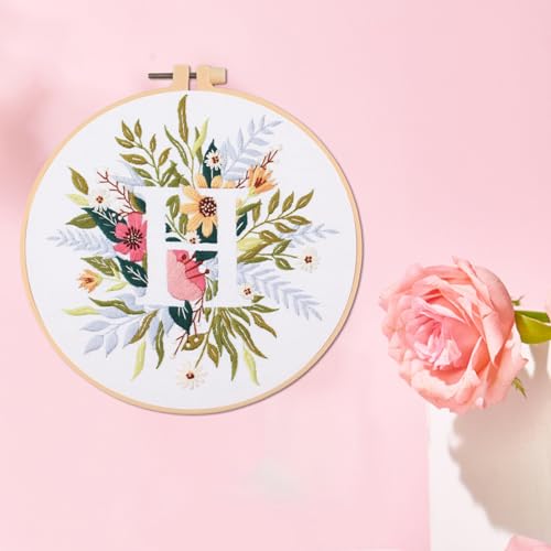 Image of IUHUI Embroidery Kit for Beginners Adults - 26 Floral Letters Easy Patterns, DIY Hand Stitching Embroidery Set with Hoop (Flower and Grass Letter H)
