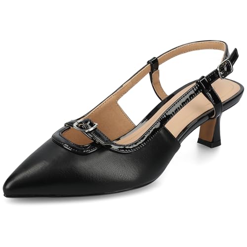 Journee Collection Womens Padma Mesh Sling Back Pumps Cushioned Pointed Toe Kitten Heel Pull On Spring Summer Shoe Black PU 8 Wide WOMENS US