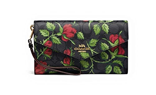 Coach Womens Travel Envelope Wallet In Signature Leather (Im/Graphite/Red Multi With Fairytale Rose Floral Print) #TOP16