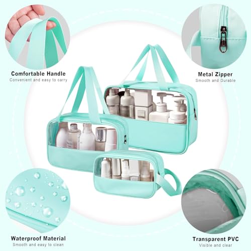 Image of KBS Toiletry Kit Cosmetic Makeup Storage Organizer Clear Styilish Wash Bag Pouch Set of 3 for Travel Luggage Transparent with Metal Zipper Gift for Men Women Girls (Cyan)