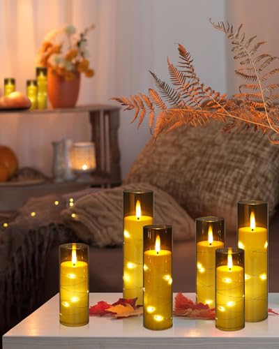 Image of Enido Flameless LED Candles with Remote & Timer, Battery Operated Acrylic Pillar Set, 10 Pc Flickering Electric Lights with Embedded Star String for Cozy Home & Holiday Romantic Decor (Grey)