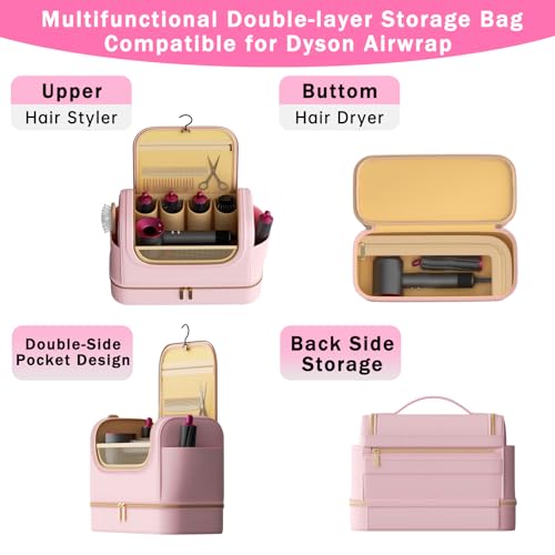 Double Layers Travel Case for Dyson Airwrap Large Capacity PU Leather Shark Flexstyle Case Portable Hanging Storage Bag for Airwrap Styler Attachments, Hook, Dry and Wet Section(Pink) - Image 3