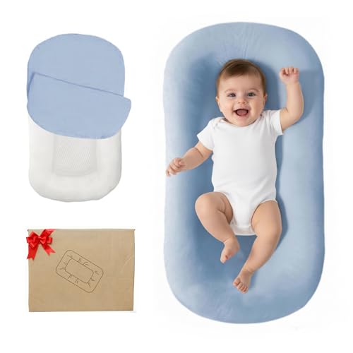 Image of Lucakuins Baby Lounger, Bionic Design Baby Lounger for Newborn 0-24 Months, Soft Organic Cotton Breathable Lounger for Infants (Blue Newborn Lounger)