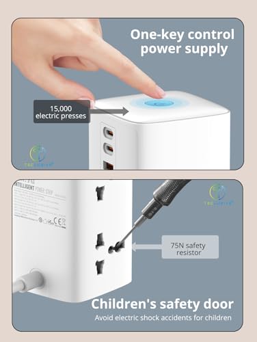 Image of T Teclusive 2500W Tower Extension Board Power Strip with USB C Ports | 4 Power Sockets with 70W Gan Type C QC PD Super Fast Charging | Vertical Multi Port Extension | 2M Power Cord