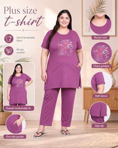 Image of In Love Women's Printed Cotton Plus Size Longline T-Shirt with Pockets | Cotton fabric - soft longline T-shirt with easy plus-size fit