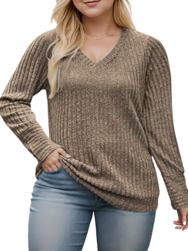 Image of VISLILY Womens-Plus-Size-Dressy-Tops Casual V Neck Long Sleeve Knit Sweater