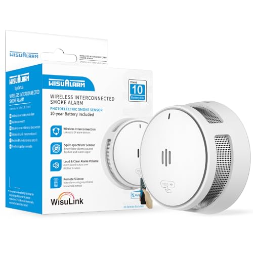 Detector de humo inalámbrico interconectado, detector de humo doméstico, 10 años de batería detector de fuego fotoeléctrico, botón de prueba/parada, sonido de alarma 85dB, certificación EN 14604 (1