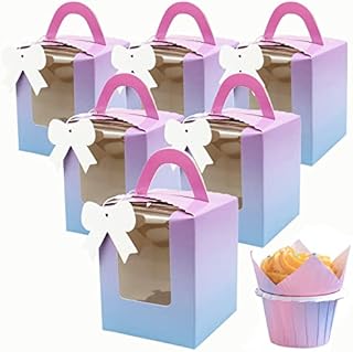YankMooM 15 Pcs Single Cupcake Boxes,Individual Gradient Color Cupcake Boxes with Clear Window and Handle for Wedding Party and Gift Giving,Small Cakes Treat Boxes