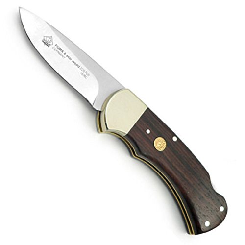 Black Friday Clearance PUMA 4-Star Wood Pocket Folding Knife - Solingen 440A Steel - Drop Point Style - 2.8” blade, 1/8” thick, 4” total length - Lock Back Folder