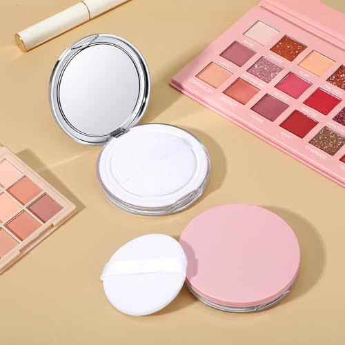 2 Pcs Loose Powder Container with Puff, 0.18 oz Refillable Empty Powder Compact Portable Empty Makeup Powders Travel Container with Mirror and Elasticated Net Sifter for Women (Pink Silver)4