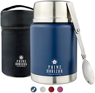 Prime Horizon Food Flask - 500ml Stainless Steel Vacuum Double Wall Jar with Folding Spoon, Leakproof and BPA Free. Free Insulated Travel Bag with Carabiner and Gift Box (Blue)