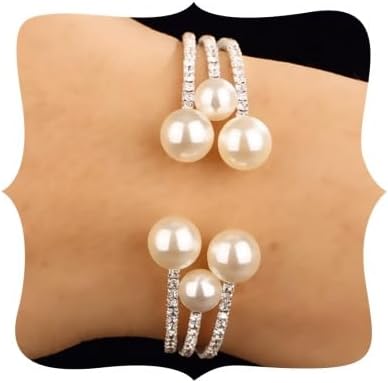 Dainty Rhinestone 1920s Silver Fake Pearl Open Bangle Bracelet Wedding Sparkly Layered Wrap Cuff Bangle Bracelet Adjustable Pearl Bracelets for Women Brides