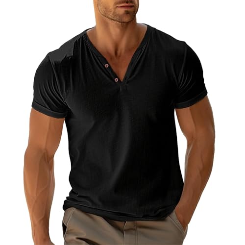 Duohropke Henley Shirt Herren Sommer Classic Baumwolle Kurzarm Knopf T Shirt Casual T Shirts für Männer, Negro , XXXL