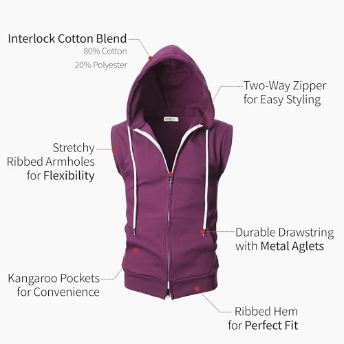 Image of Ohoo Mens Slim Fit Sleeveless Lightweight Zip Up Hooded Sweatshirt Vest Hoodie