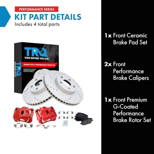 Image of TRQ Performance Front Brake Pad and Rotor Set Ceramic Coated Drilled | For 2003-2008 Pontiac Vibe Toyota Corolla Matrix