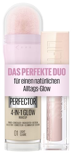 Maybelline New York 4-in-1 Make Up, Concealer, BB Cream, Highlighter, Primer, Instant Perfector Glow 01 Light, 20 ml + Lifter Gloss, Lipgloss, voller wirkende Lippen,Mit Hyaluronsäure, 002 Ice, 5,4ml