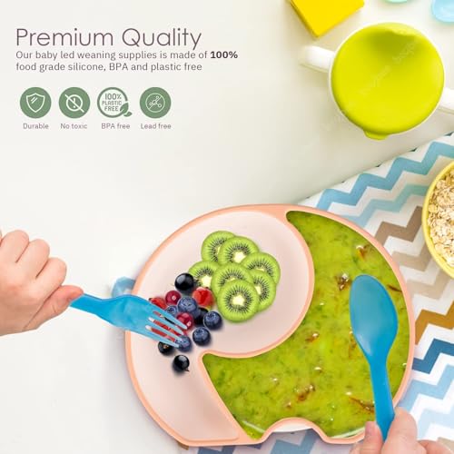 Image of BAYBEE Elephant Silicone Divided Baby Plate with 2 Training Spoons | Baby Feeding Set for Toddlers & Kids | Suction Plate and Spoon Combo for Boys & Girls | Tableware Set for Boys & Girls (Orange)
