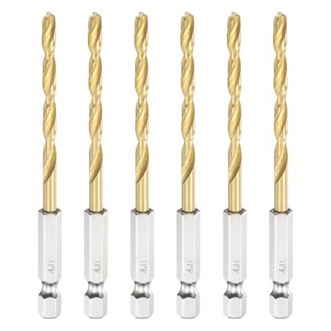 sourcing map 6pcs 1/4" Hex Shank Titanium Twist Drill Bit 4mm Drilling Dia 92mm Length High Speed Steel Drills for Hardened Metal, Stainless Steel Cover
