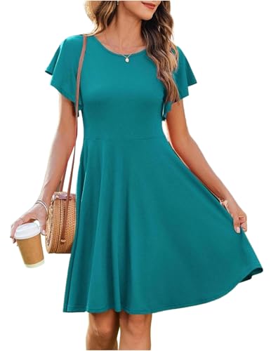 Zeagoo Kleider Damen Sommer Rundhals Freizeitkleid Knielang Strandkleider Rüschen Ärmel Kleid mit Taschen Pfauenblau M