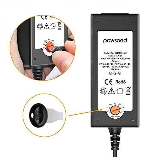 POWSEED Universal 45W 5V 6V 7.5V 9V 12V 13.5V 15V AC DC Power Adapter for Household Electronics Routers CCTV IP Cameras Speaker USB Hub Tablet LED Strips, Multi Voltage Supply Cord Charger 1A 2A 3A - Thumbnail 2