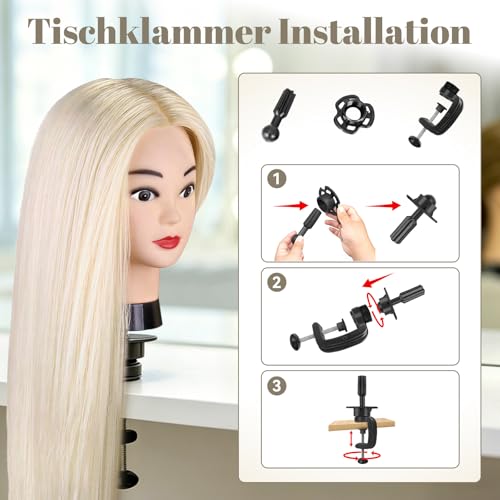 TwoWin Trainingsköpfe 80% Echtes Haar Blond Kosmetologie Puppe Kopf Friseur Training Modell Mannequin Kopf mit Halterung, DIY Haar Zubehör Styling, Geeignet zum Glätten, Locken, Dauerwelle