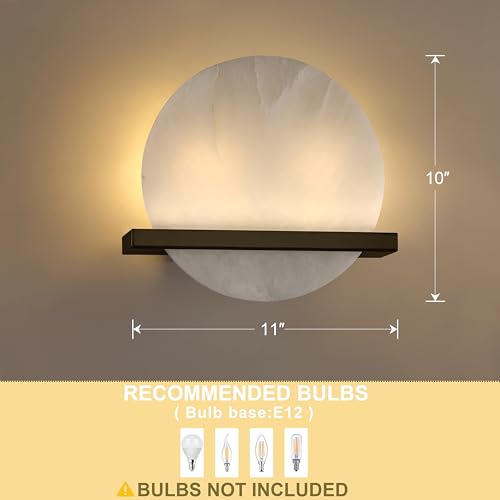 Image of 2 Pack 2 Light 10 inch Round Natural Alabaster Bathroom Wall Sconce Modern Concise Style Wall Light Fixture,Oil Rubbed Bronze Finish for Bedroom Hallway Bedside Living Room