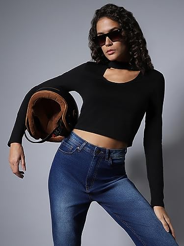 Image of High Star Women's Choker Neck Fitted Full Sleeves Crop Top