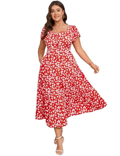 Image of KOJOOIN Women Plus Size Summer Dress Short Sleeve Casual Dress Floral Midi Dress Sweetheart Neck Ruffle Dress