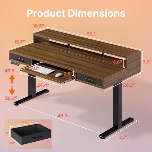 Image of HUANUO 55″ x 26″ Electric Standing Desk with 2 Drawers &24.4″ Large Keyboard Tray, C-Clamp Mount Compatible, Adjustable Computer Desk for Office, Sit Stand Up Desk with 4 Height Presets, Deep Walnut