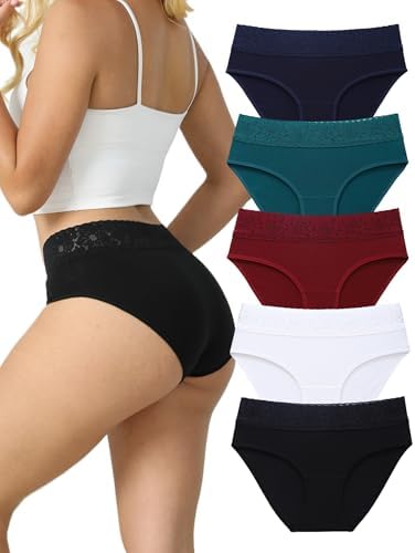 Womens Underwear Cotton Bikini Lace Panties Ladies Soft Full Briefs High Waist Cotton Underwear 5 Pack
