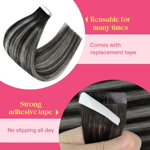 Image of Ve Sunny Hair Tape in Hair Extensions Human Natural Black Ombre Sliver Grey | Hair Tape Extensions,Add Fullness,Natural Black Ombre Sliver Grey,Straight Smooth,for Prom Party,12Inch 20g 10Pcs