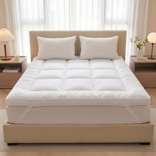 Hotel Linen Klub Queen Mattress Topper | Ultra-Soft 700GSM Microfiber Fill | 85GSM 1cm Stripe Fabric With 4-Side Durable Elastic Band | 160 x 200 + 7cm White