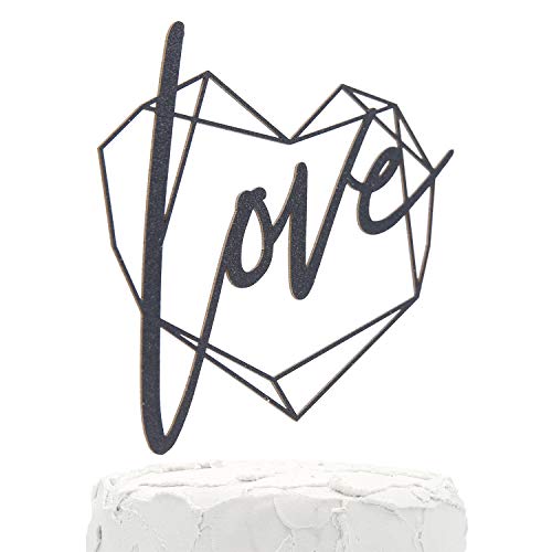 NANASUKO Wedding/Engagement Cake Topper - love - with Modern Geometric Heart Frame - Double Sided Black Glitter - Premium Quality Made in USA