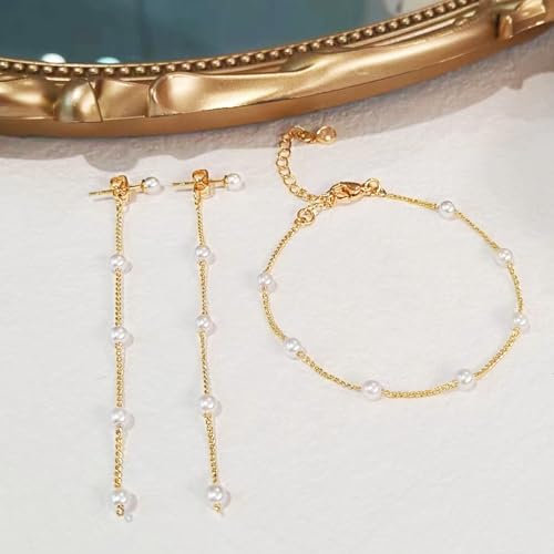 Image of Zeffy Gold Pearl Necklace for Women, Dainty 14K Gold /Silve Plated Layered Pearl Choker Pearl Earrings Pearl Bracelets Wedding Trendy Gold Jewelry Set for Women Gifts